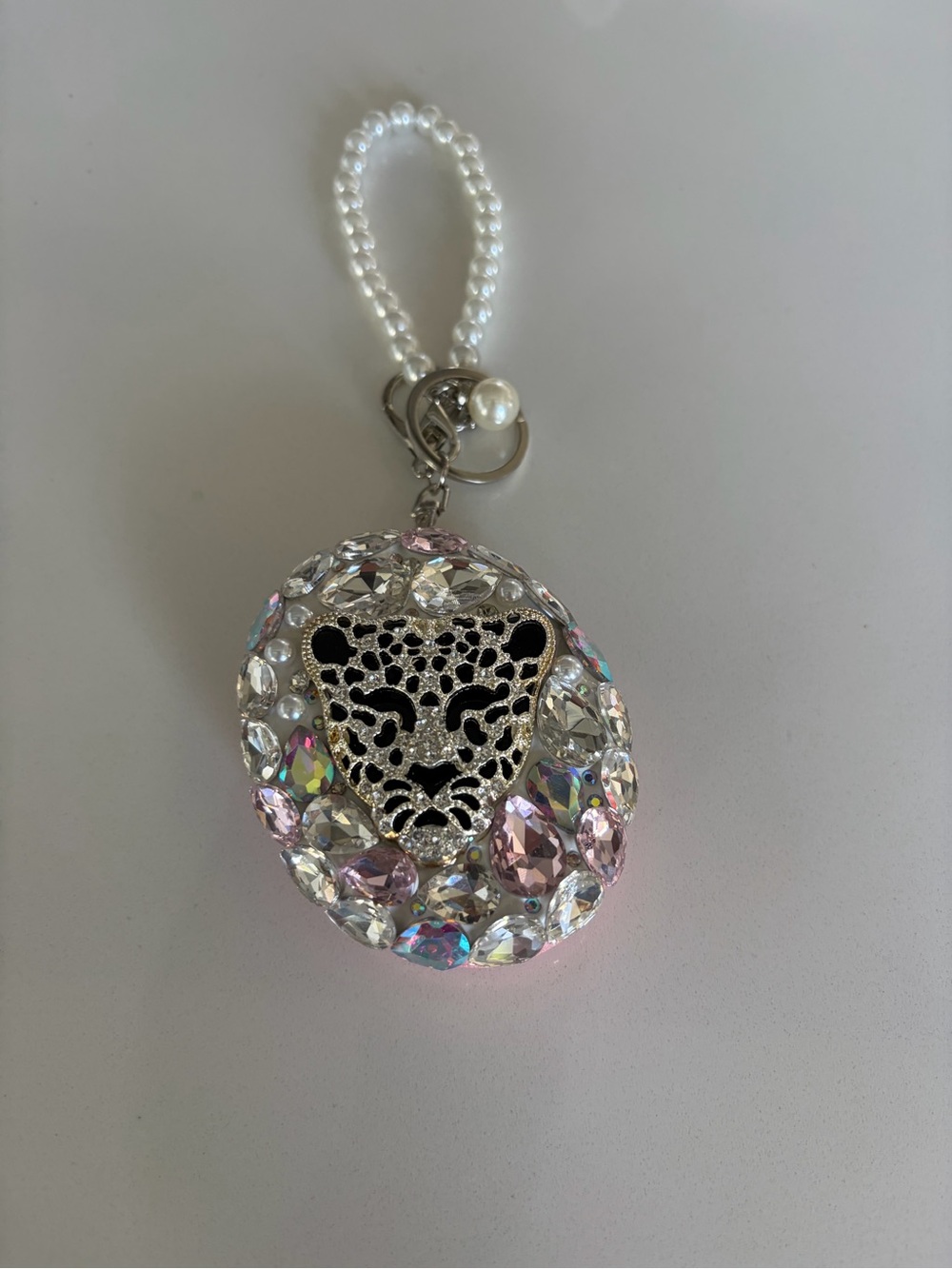 Pearl Strap Leopard Crystal Mirror - Pink & Clear
